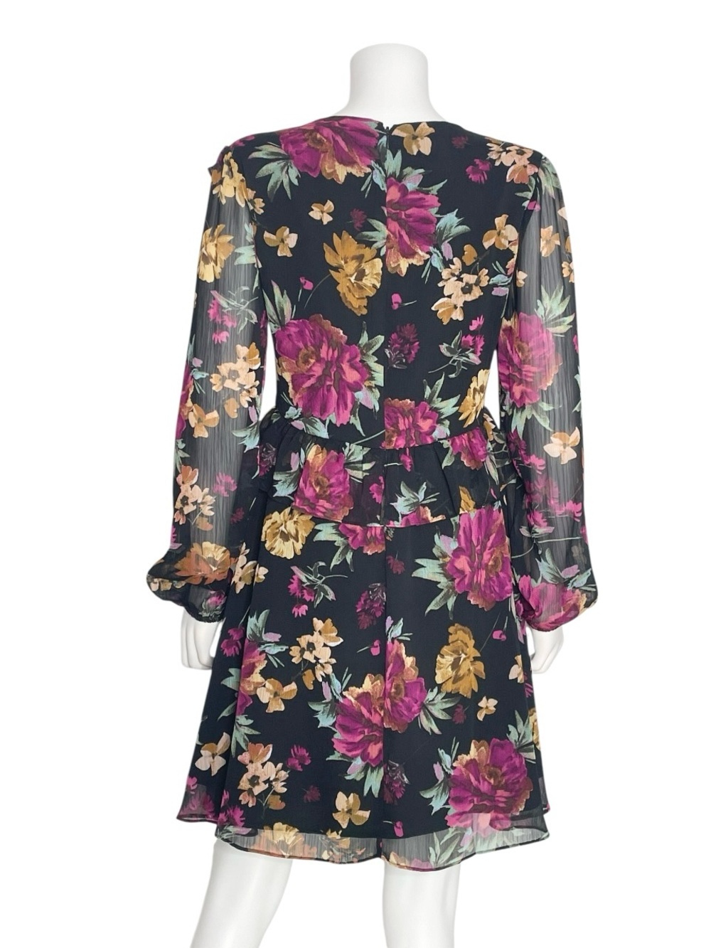 NWT Kensie Floral Chiffon Dress Size 6 Navy Pink Long Sleeve Lined Boho Romantic - Picture 5 of 7